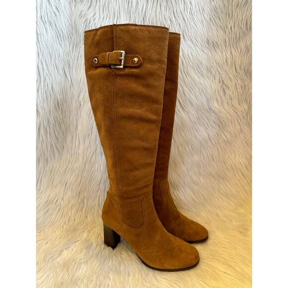 Michael Kors Burke Knee High Boots Suede Leather Buckle Block Heeled Boots, Tan - Picture 1 of 9